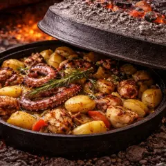 Pyszna ośmiornica z ziemniakami i rozmarynem, pieczona pod żelazną pokrywą. Idealna odpowiedź na pytanie: co zjeść w Chorwacji.