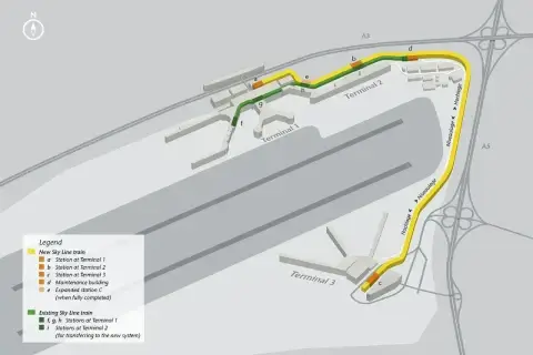 Schemat lotniska Frankfurt nad Menem z zaznaczonymi nowymi i istniejącymi trasami Sky Line train.