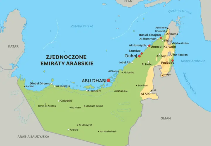 Mapa Zjednoczonych Emiratów Arabskich. Widać tu m.in. Abu Zabi, Dubaj, Szardżę, Ras al-Chajmę, Fudżajrę, a także sąsiednie kraje jak Katar, Iran, Arabię Saudyjską i Oman.