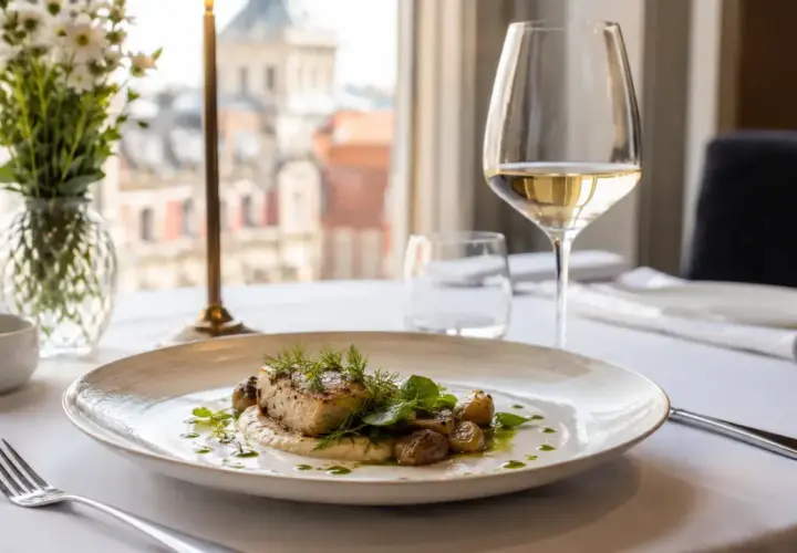 Eleganckie danie rybne z ziołami i ziemniaczkami, serwowane w restauracji z gwiazdką Michelin w Polsce. Kieliszek białego wina i bukiet kwiatów dopełniają atmosferę.