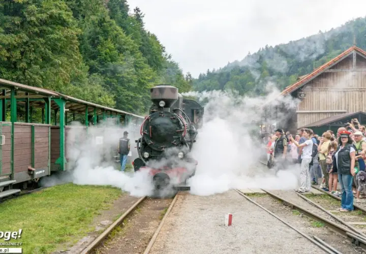 Parowóz wydaje kłęby pary na tle zielonych Bieszczadów. Tłum ludzi czeka na przejażdżkę zabytkową kolejką.