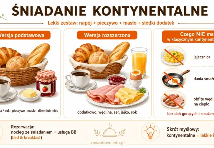 Klasyczny śniadanie kontynentalne to lekki zestaw: pieczywo, masło, dżem, kawa. Wersja rozszerzona zawiera też wędlinę, ser i jajko.