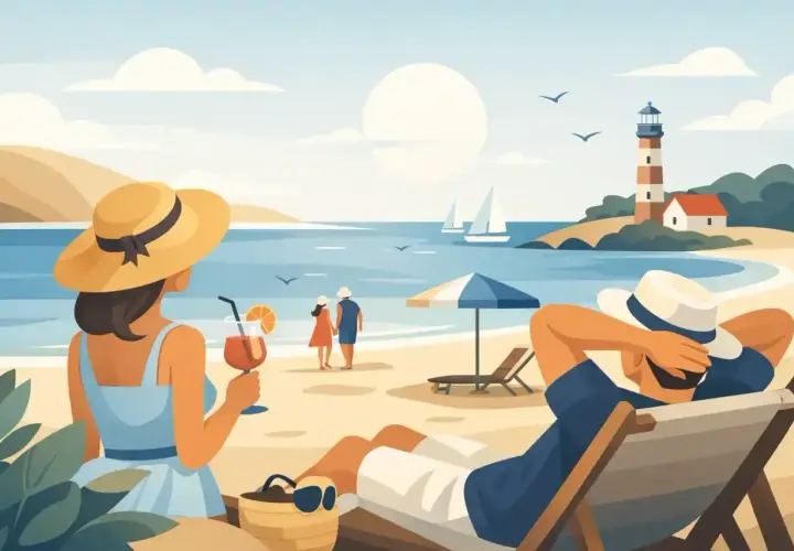 Relaks na plaży w Łebie, idealne łeba atrakcje dla dorosłych. Para spaceruje, ktoś pije drinka, a ktoś inny odpoczywa na leżaku.