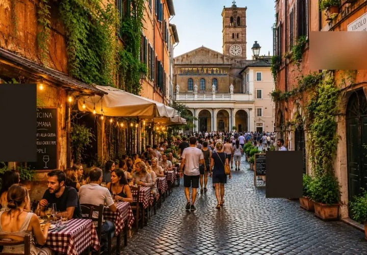 Wieczorny spacer po urokliwym **Trastevere**. Ludzie siedzą przy stolikach restauracji, delektując się kolacją. W tle widać zabytkową bazylikę.