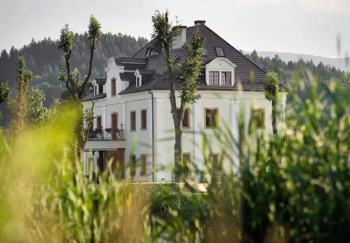 Elegancka restauracja "Kaczka na wodzie" w otoczeniu zieleni, z widokiem na las i wzgórza.