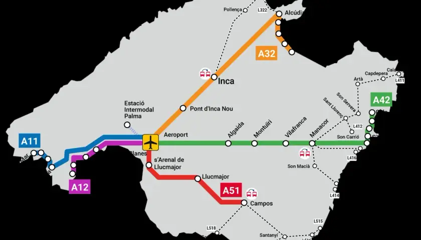 Mapa transportu na Majorce. Linie A11, A12, A32, A51, A42 łączą główne miasta i lotnisko.