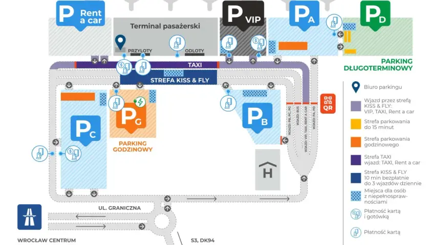 Mapa lotniska Wrocław. Sprawdź, ile kosztuje parking na lotnisku we Wrocławiu, gdzie są strefy VIP, Kiss & Fly, godzinowe i długoterminowe.