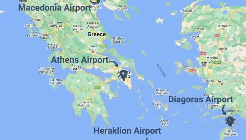 Mapa Grecji z zaznaczonymi lotniskami: Macedonia Airport, Athens Airport, Diagoras Airport, Heraklion Airport.