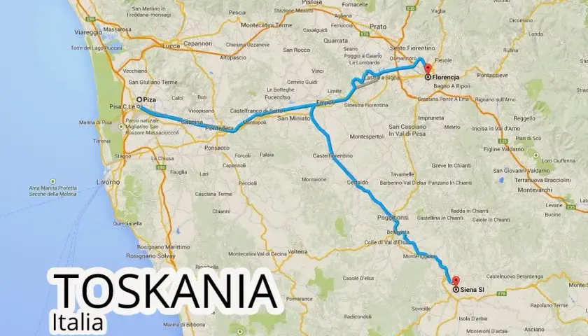 Trasa podróży przez Toskanię, z zaznaczonymi lotniskami w Pizie i Florencji, prowadzi przez malownicze miasteczka i krajobrazy.