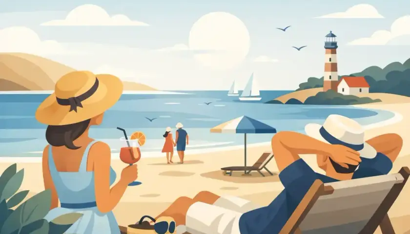 Relaks na plaży w Łebie, idealne łeba atrakcje dla dorosłych. Para spaceruje, ktoś pije drinka, a ktoś inny odpoczywa na leżaku.