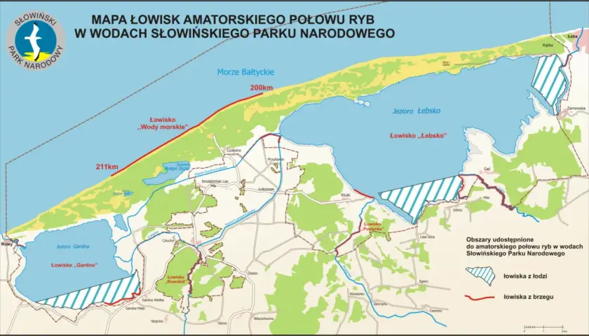Mapa Słowińskiego Parku Narodowego z zaznaczonymi łowiskami: Jezioro Gardno, Jezioro Łebsko, morze.