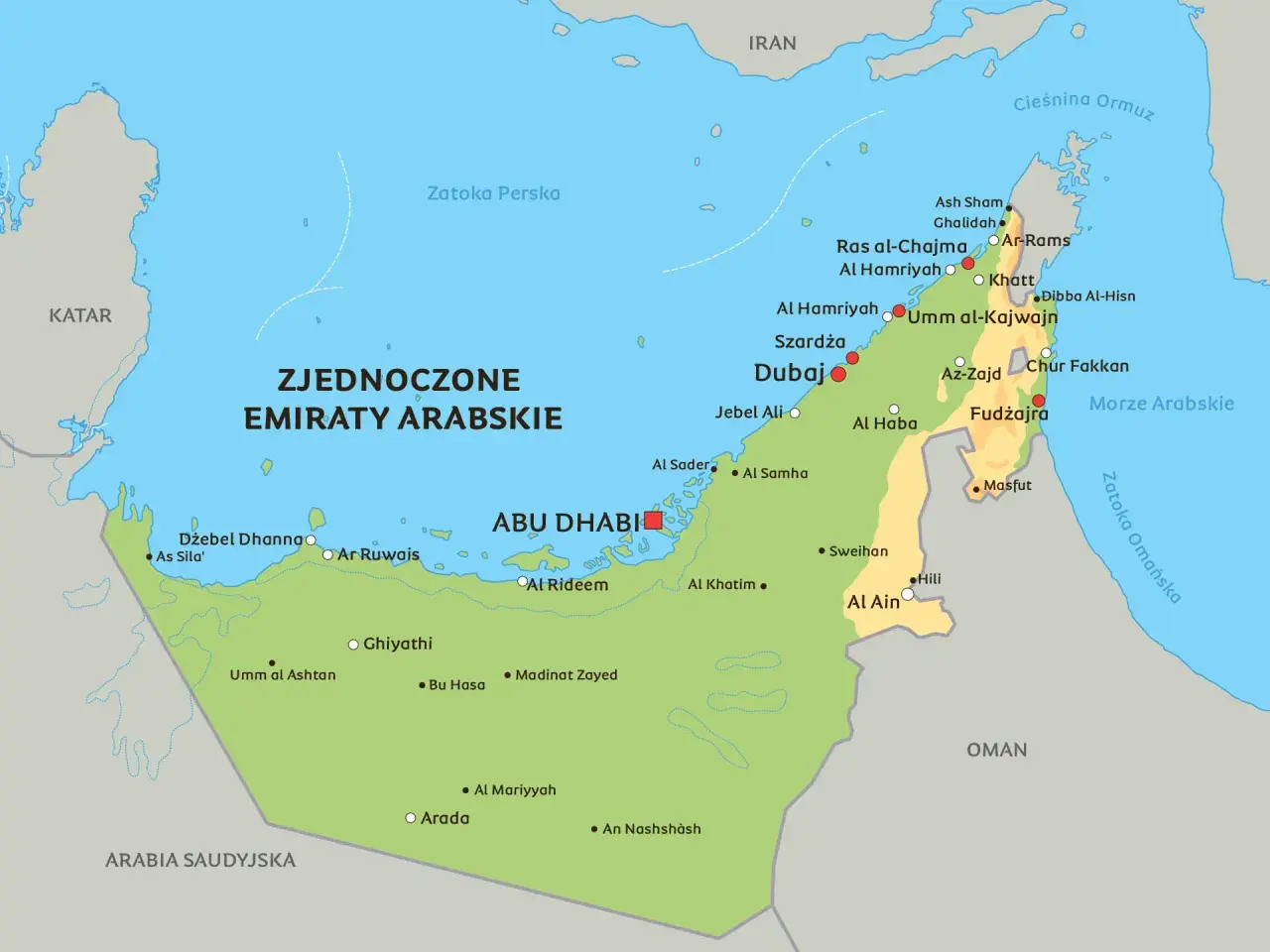 Mapa Zjednoczonych Emiratów Arabskich. Widać tu m.in. Abu Zabi, Dubaj, Szardżę, Ras al-Chajmę, Fudżajrę, a także sąsiednie kraje jak Katar, Iran, Arabię Saudyjską i Oman.