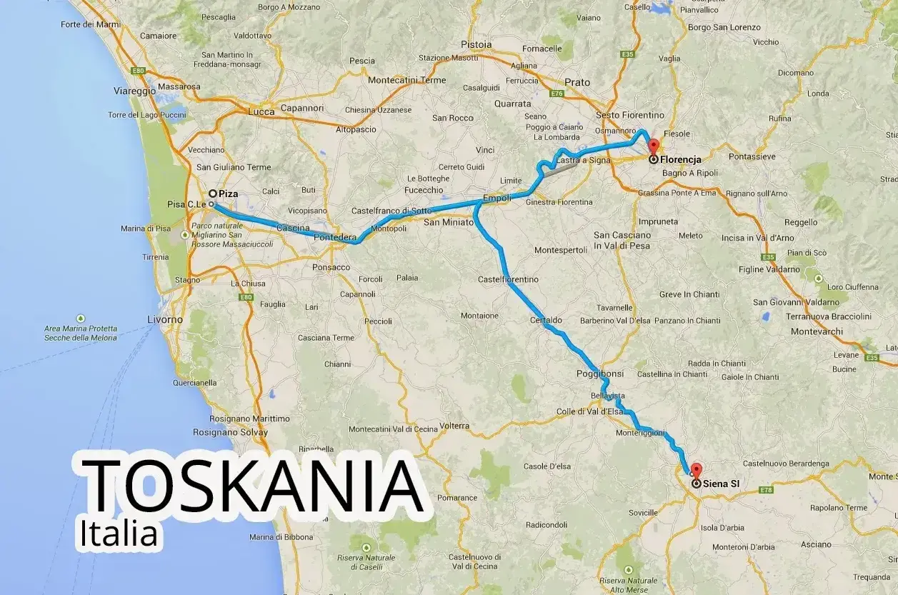 Trasa podróży przez Toskanię, z zaznaczonymi lotniskami w Pizie i Florencji, prowadzi przez malownicze miasteczka i krajobrazy.