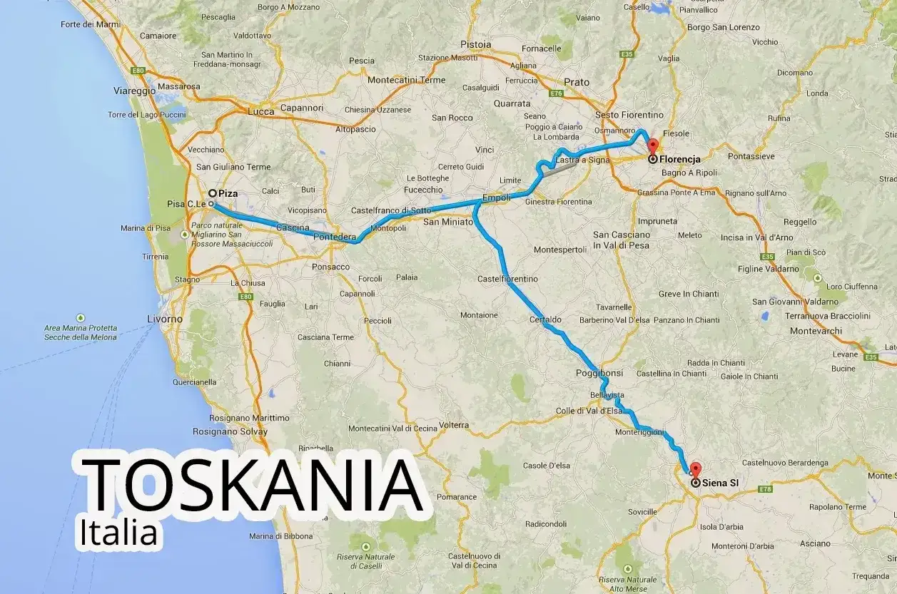 Trasa podróży po Toskanii, pokazująca lotnisko Florencja i Sienę.