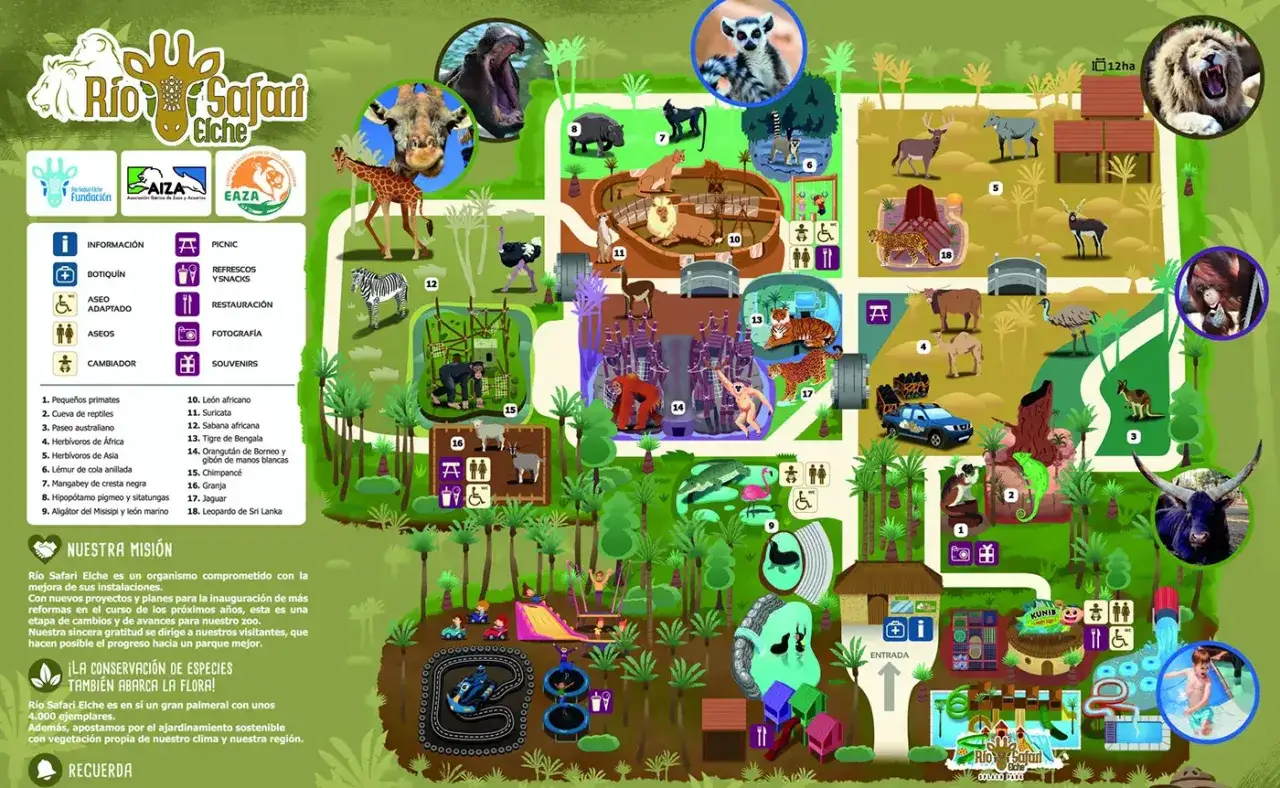 Mapa interaktywnego zoo Río Safari Elche z wyznaczonymi ścieżkami, zwierzętami i atrakcjami.