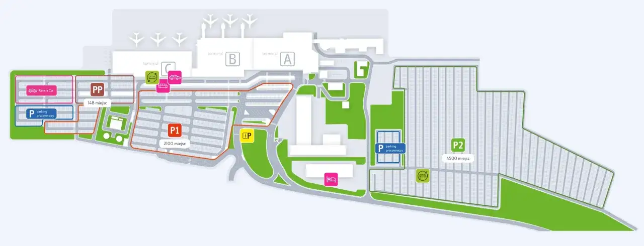 Mapa lotniska w Katowicach pokazuje różne strefy parkingowe: P1 (2100 miejsc), P2 (4500 miejsc), PP (148 miejsc), parking pracowniczy, Rent a Car. Sprawdź, ile kosztuje parking na lotnisku w Katowicach.