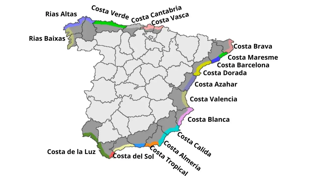 Mapa wybrzeża Hiszpanii z zaznaczonymi regionami turystycznymi, takimi jak Costa Brava czy Costa del Sol. Planujesz podróż i szukasz lotniska w Hiszpanii?