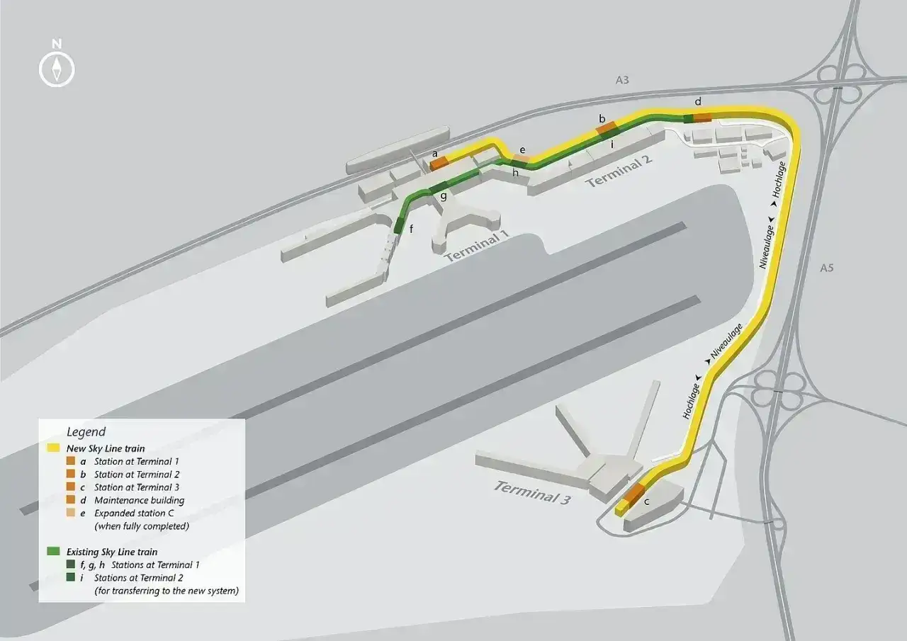 Schemat lotniska Frankfurt nad Menem z zaznaczonymi trasami Sky Train. Nowa linia (żółta) obsługuje Terminal 1, 2 i 3.